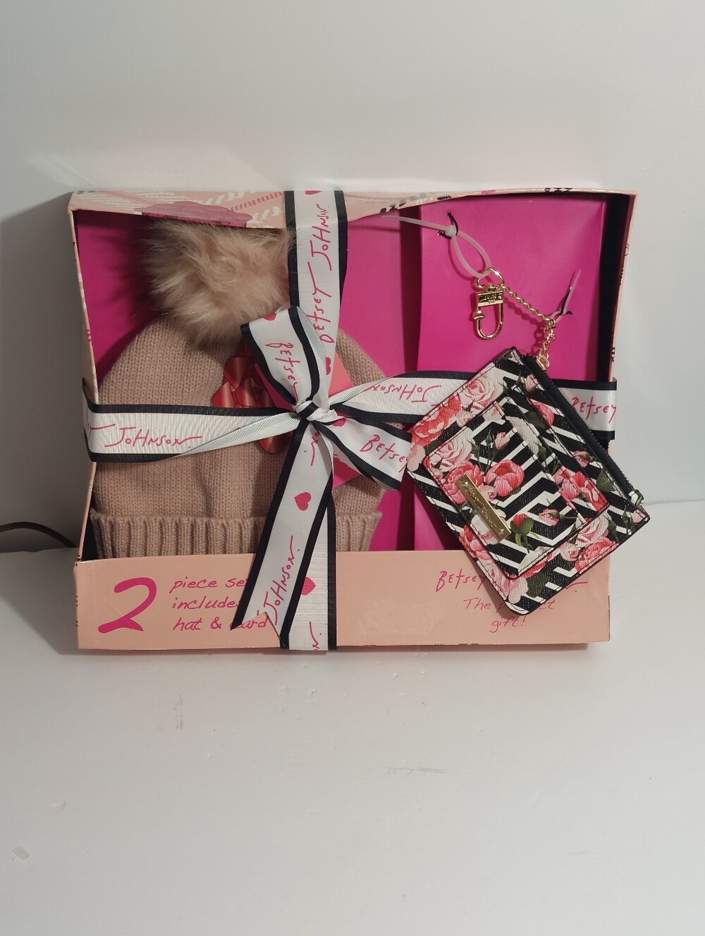 Betsey Johnson Blush Hat And Floral Card Case Wallet Gift Box Set New